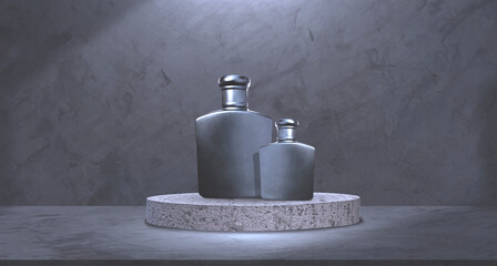 Two sizes of black men's perfume bottles on podium with light and shadow on concrete counter...