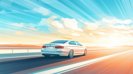 Fototapeta na wymiar A white car rushing along a high-speed highway.