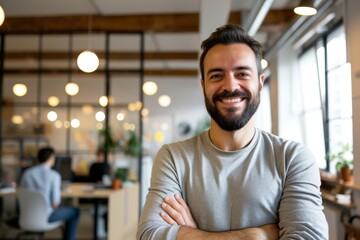 Portrait of an innovative tech start-up founder with an enthusiastic and optimistic expression, in an open-plan office. - obrazy, fototapety, plakaty