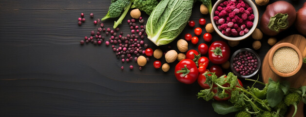 Wide view from above banner image of Vegetarian Day food banner with different types of vegetables...