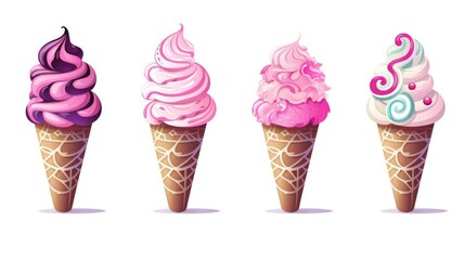 A set of four ice creams in a cone. Fruit colored ice creams. Watercolor illustration. White background.