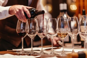 Professional sommelier conducting a wine tasting, unraveling the nuances of flavors and terroir to enthusiasts and connoisseurs.
