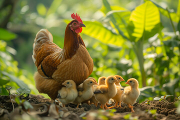 Fototapeta premium Mother hen surrounded by her adorable chicks