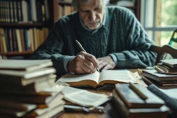 Prolific author composing a novel that intertwines historical events with fiction in a cozy home office.