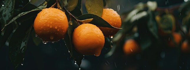 The scene captures the allure of fresh oranges growing on the tree, with exquisite detail and vibrant colors, within the serene ambiance of a garden. - obrazy, fototapety, plakaty