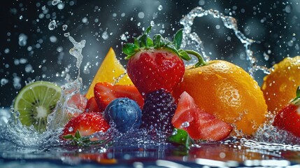 Fresh fruits with water splash on black background. Healthy food concept