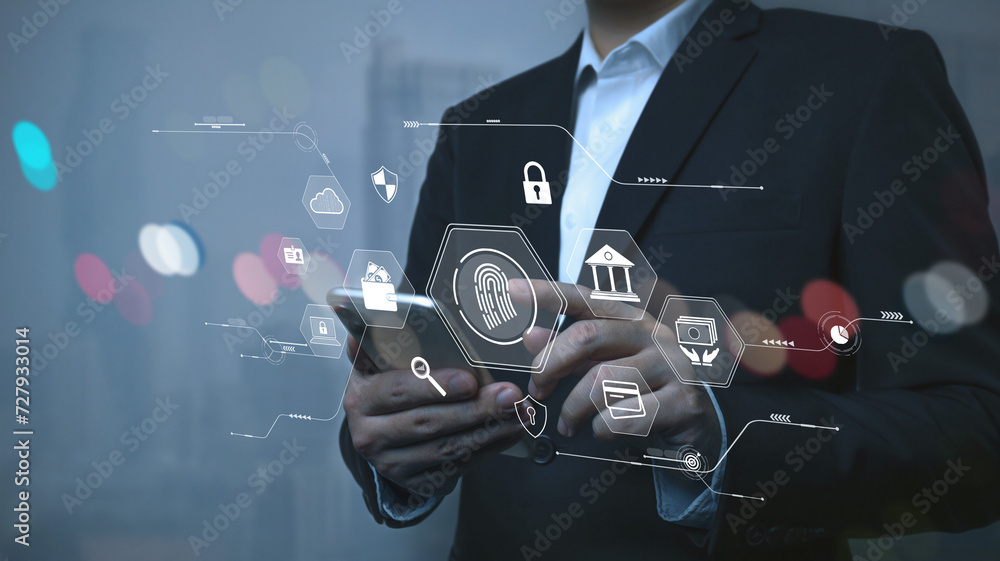 Poster concept of cyber security digital technology, business people use fingerprints to access personal cy
