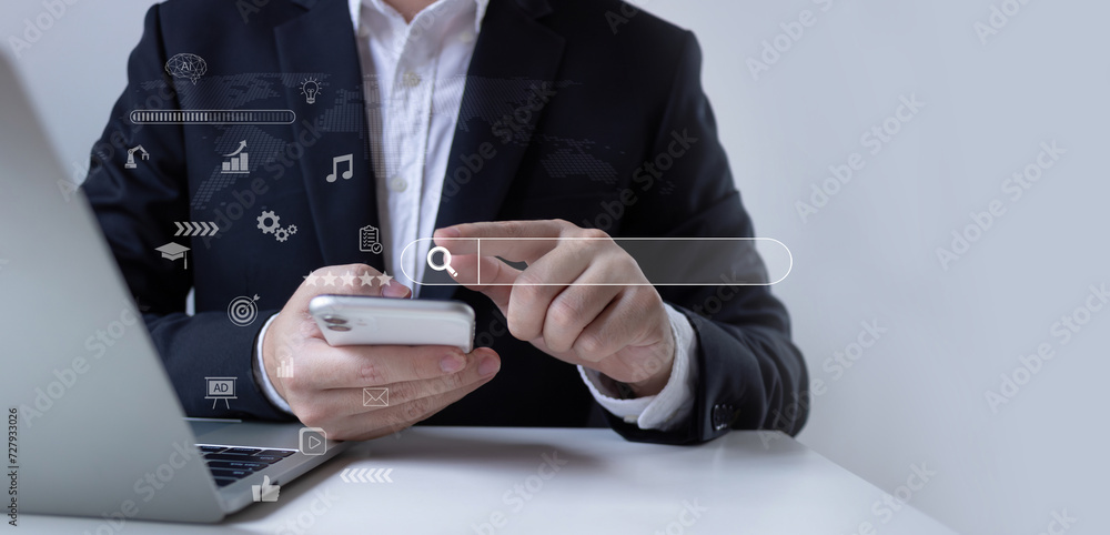 Fototapete Data Search Technology Search Engine Optimization (SEO). Man are using a smartphone to Searching for information. Using Search Console with your website.