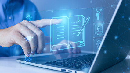 learning online concept.Man hand using laptop computer study e-learning online education training...