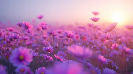 Wandcirkels aluminium Vibrant purple flowers basking in the clear sunny sky © sitimutliatul