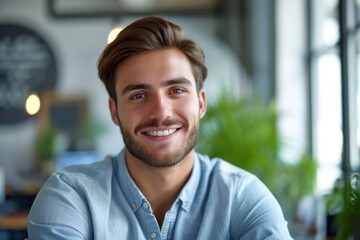 Close-up of a young professional man with a friendly and approachable smile, in a creative office space. - obrazy, fototapety, plakaty