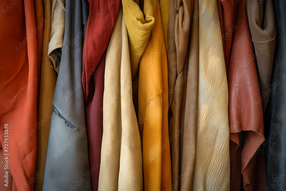 Poster array of multicolored leather pieces hanging. textures and patterns in material design. crafting and