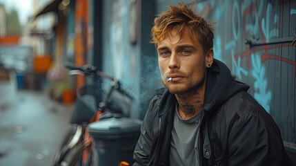 Obraz premium Man With Cigarette in Mouth