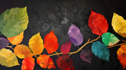 Colors of rainbow. Pattern of multicolored leaves texture background. Bright colorful leaves isolated on black. Color concept. Colorful leaves spread out in large groups on black background,