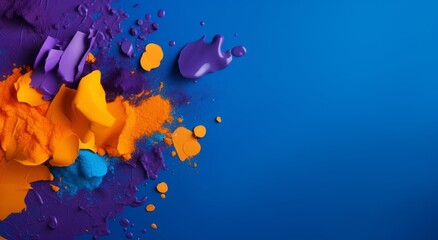 Obraz na płótnie Canvas Happy holi festival decoration.Top view of colorful holi powder on purple background with copy space for text