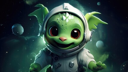 Obraz premium A cute little smiling green dragon is an astronaut in space.