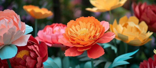 Beautiful Paper Flowers in the Enchanting Garden: A Beautiful Display of Handcrafted Paper Flowers Brings Vibrant Beauty to the Serene Garden Setting