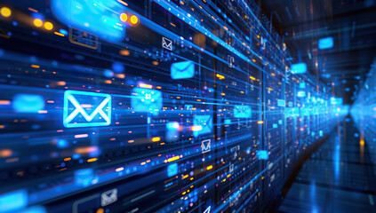 Blue glowing email icons on server room background. Internet and technology concept.