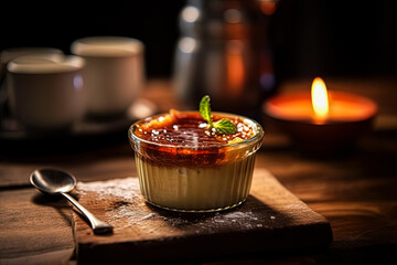 Indulge in the exquisite decadence of Creme Brulee, artfully served on a wooden table. A...