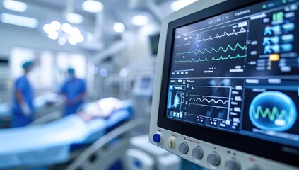 Medical equipment in modern operating room prepared for surgery.