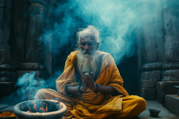 spiritual Indian old man celebrates religious ritual