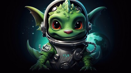 A cute little smiling green dragon is an astronaut in space.