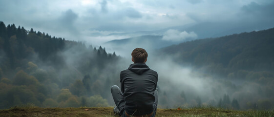 A solitary figure sits contemplating the misty mountain landscape, a picture of peace and introspection - obrazy, fototapety, plakaty