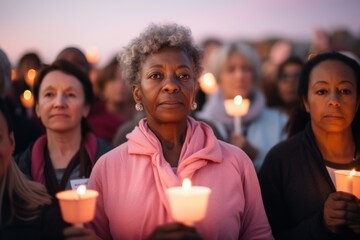 Reflective group of women at twilight candlelight vigil, symbolizing unity and support.