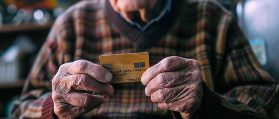 Time-worn hands carefully hold a credit card, symbolic of financial independence in the golden years - obrazy, fototapety, plakaty