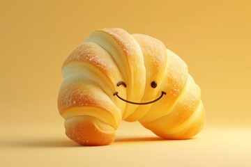 Cute croissant baby with happy face 3d cartoon character, isolated on yellow background