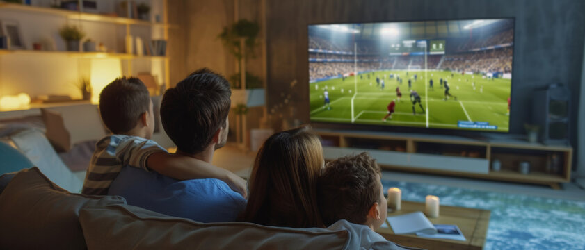 Family bonding over a thrilling football match on TV, the living room aglow with excitement and shared passion