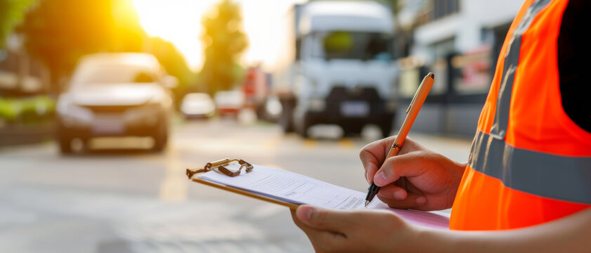 Traffic safety inspector diligently recording details post-incident, ensuring accountability and road safety adherence