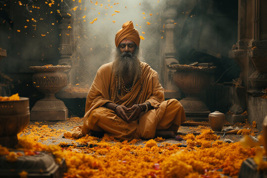 spiritual Indian old man celebrates religious ritual - Powered by Adobe