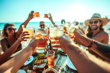 Group of buddies raising a toast during a lively bachelor party at a beachside bar. - obrazy, fototapety, plakaty
