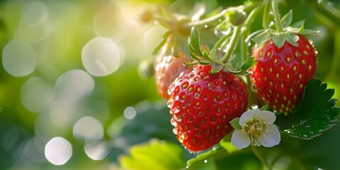 Ripe strawberries gleaming in sunlight, fresh berry harvest. juicy garden strawberries, natural backdrop. perfect for culinary websites. AI