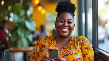 Happy african american woman works remotely in a cafe, using her smartphone for communication and social media. Her authentic smile reflects her happiness as a freelancer in the digital age.