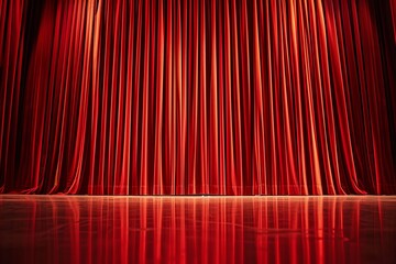  Luxurious deep red velvet curtains drape gracefully on a stage, reflecting on the polished wooden floor, awaiting an audience.