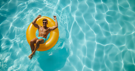 A cheerful man waves while sitting on a bright yellow inner tube in the sparkling blue waters of a swimming pool.