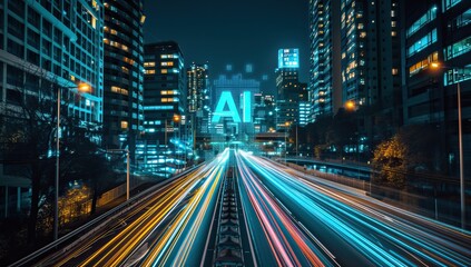 Fototapeta na wymiar Illuminated AI sign in vibrant cityscape at night