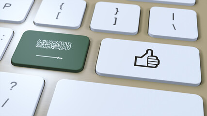 Saudi Arabia Flag and Yes or Thumbs Up Button. 3D Illustration