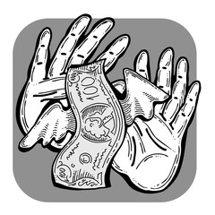 Fototapeta premium Big dollars banknotes money in your hands. Finance business, commerce, payment economy theme for poster print, design elements. Take or give loan. Hand drawn illustration. Cartoon style drawing.