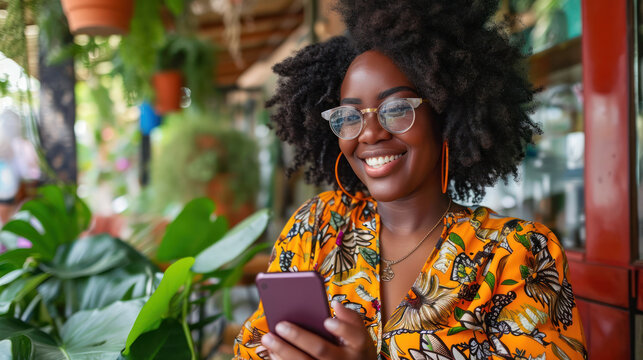 Happy african american woman works remotely in a cafe, using her smartphone for communication and social media. Her authentic smile reflects her happiness as a freelancer in the digital age.