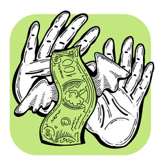 Fototapeta premium Big dollars banknotes money in your hands. Finance business, commerce, payment economy theme for poster print, design elements. Take or give loan. Hand drawn illustration. Cartoon style drawing.