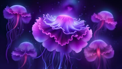 Jellyfish gracefully swim in the water of a vibrant aquarium, surrounded by colorful flowers, blend of purple, pink, blue, and violet hues