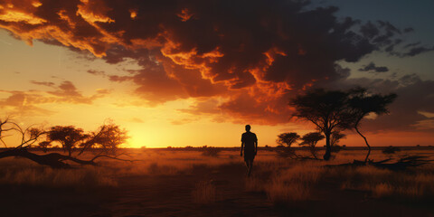 Silhouette of African Traveler Experiencing the Vibrant Colors of a Serene Sunset in the Savanna