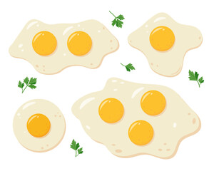 Set of fried egg. One, two and three fried eggs with parsley. Healthy organic food for breakfast. Cooked fried eggs meal. Egg yolk and white. Vector flat illustration isolated on white background.