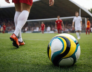 Soccer ball on a soccer field close-up, view of the ball from below, background - soccer players, background blurred, background without focus