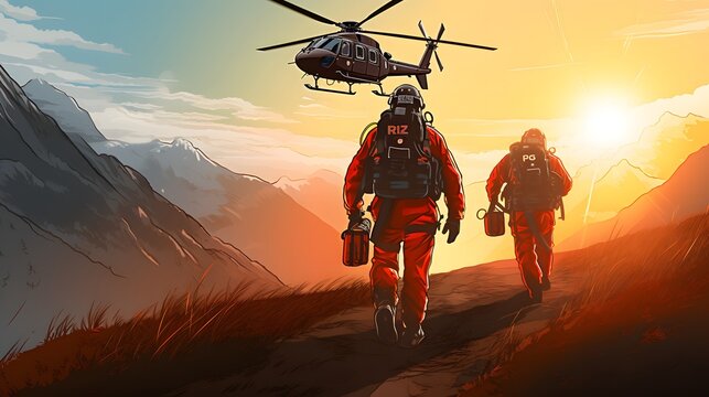 Two paramedic with safety harness and climbing equipment running to helicopter emergency medical service. Themes rescue, help and hope.