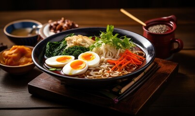 Bowl of Ramen With Hard Boiled Eggs, Carrots, Broccoli