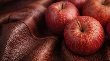 An up-close perspective of eco Apple Leather, highlighting its smooth, refined texture and rich, fruity tone, with a cluster of fresh apples at the top, eco-friendly, apple-derived nature